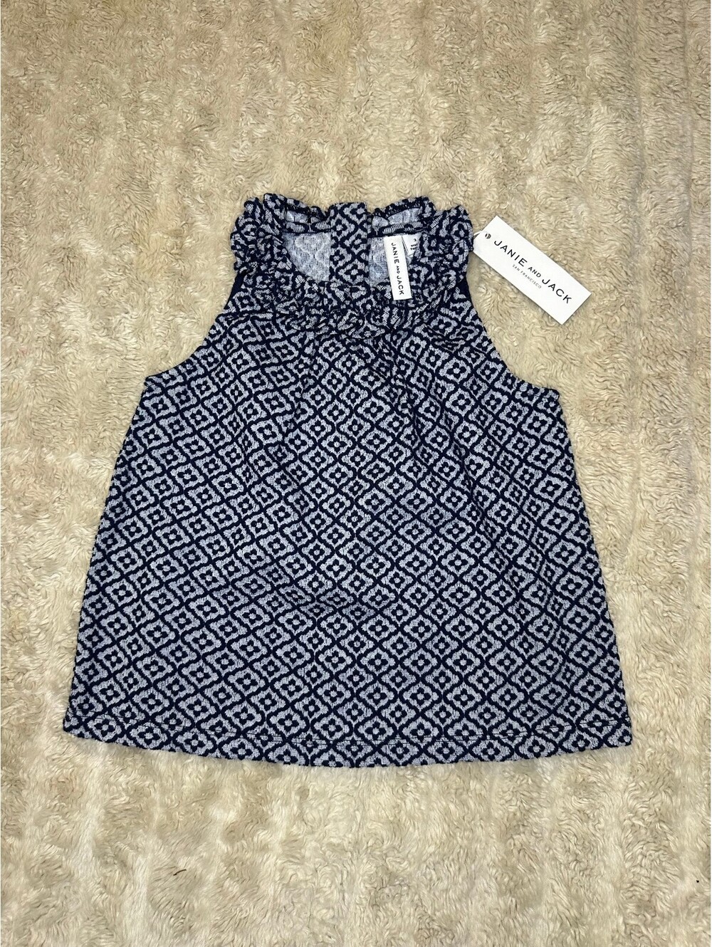 Janie and Jack textured navy blue white geometric floral sleeveless top Size 3